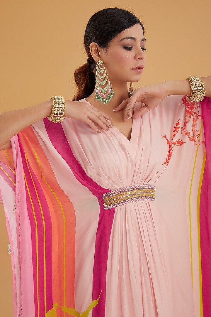 Nude Pink Crepe Printed & Hand Embroidered Kaftan by Raji Ramniq at Pernia's Pop Up Shop