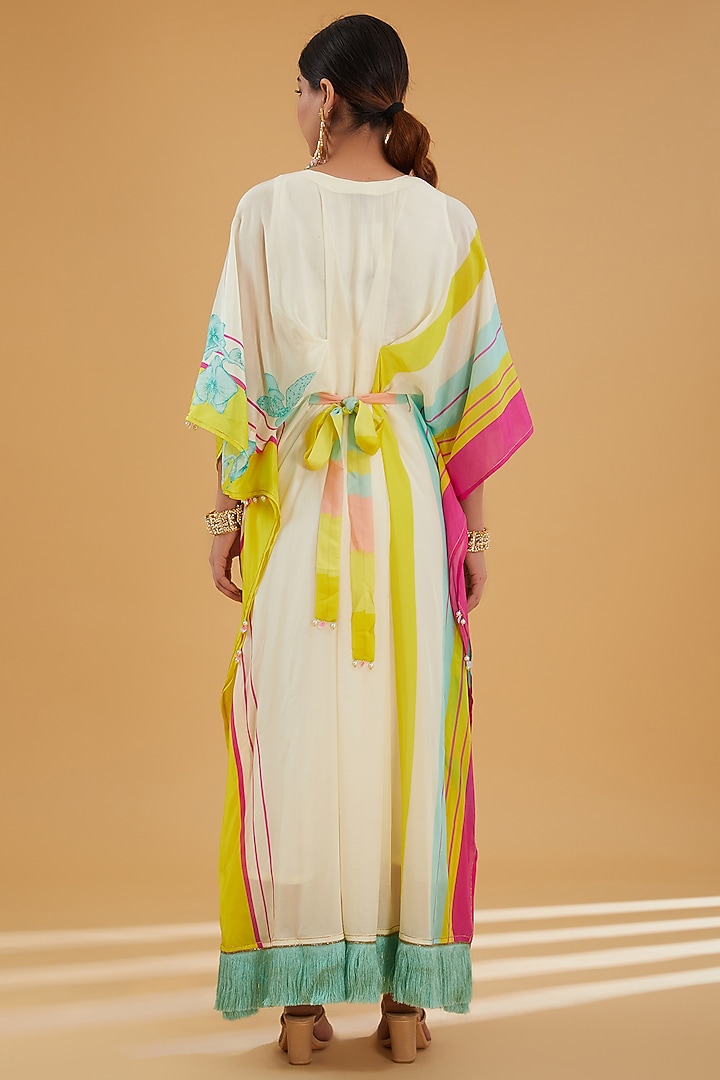 Ivory Crepe Printed & Hand Embroidered Kaftan by Raji Ramniq at Pernia's Pop Up Shop
