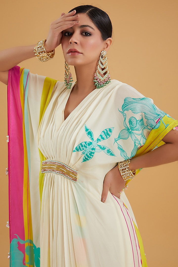 Ivory Crepe Printed & Hand Embroidered Kaftan by Raji Ramniq at Pernia's Pop Up Shop