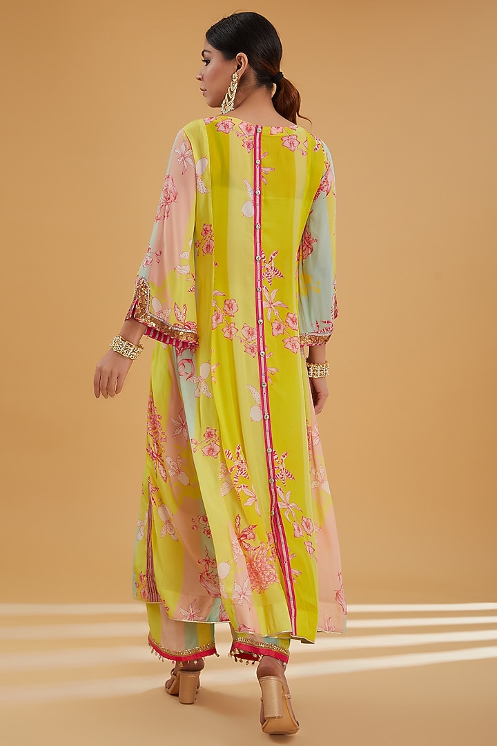 Lime Yellow Crepe Printed & Embroidered Kurta Set by Raji Ramniq at Pernia's Pop Up Shop