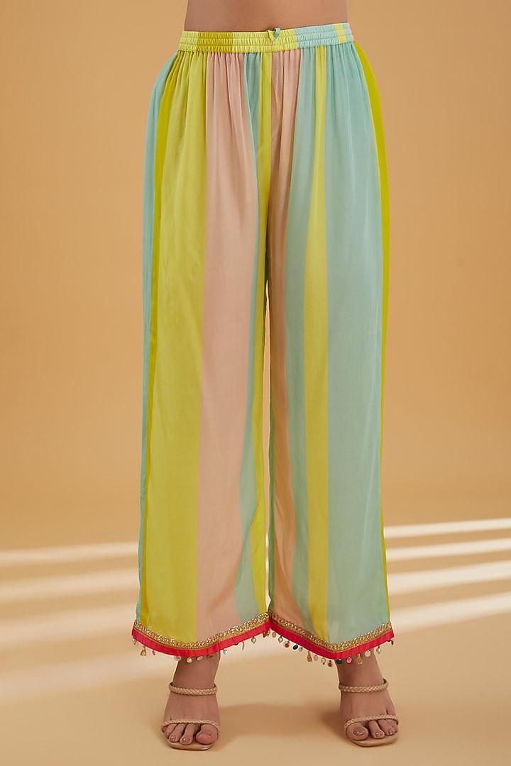 Lime Yellow Crepe Printed & Embroidered Kurta Set by Raji Ramniq at Pernia's Pop Up Shop