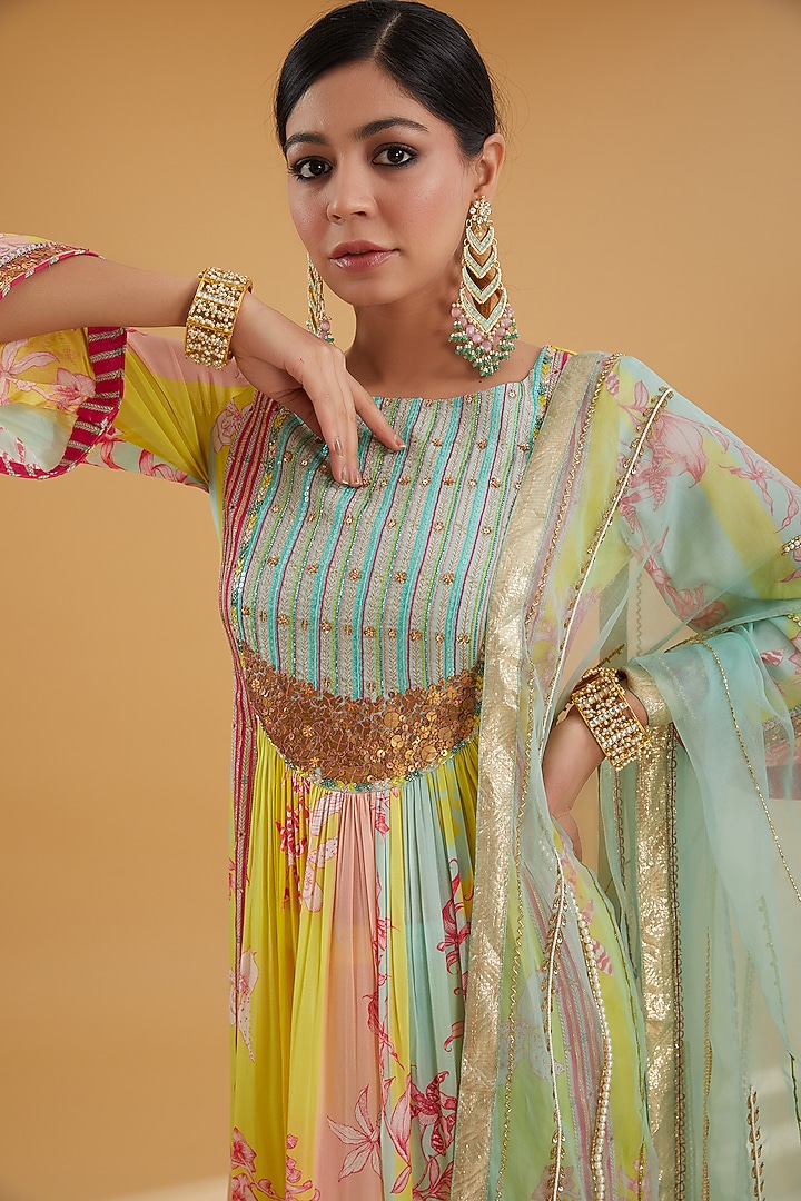 Lime Yellow Crepe Printed & Embroidered Kurta Set by Raji Ramniq at Pernia's Pop Up Shop