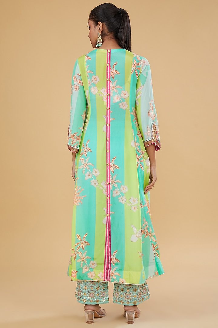 Lime & Blue Crepe Hand Embroidered Kurta Set by Raji Ramniq at Pernia's Pop Up Shop