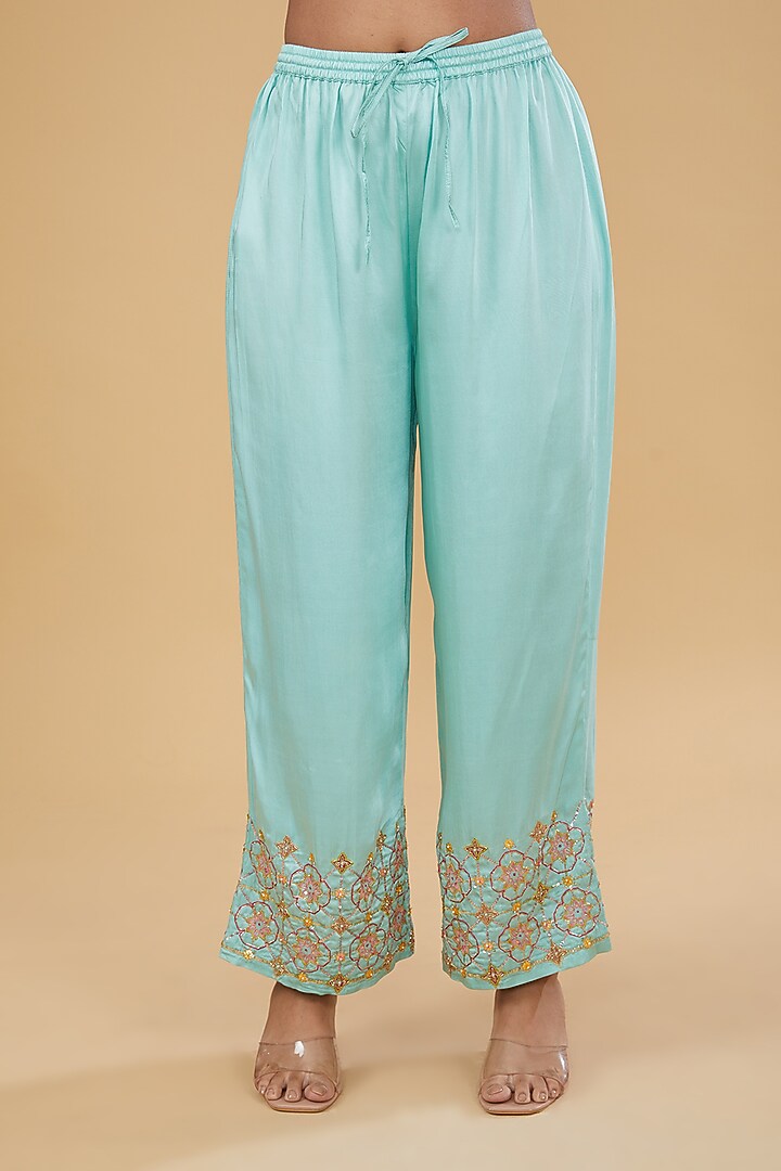 Lime & Blue Crepe Hand Embroidered Kurta Set by Raji Ramniq at Pernia's Pop Up Shop
