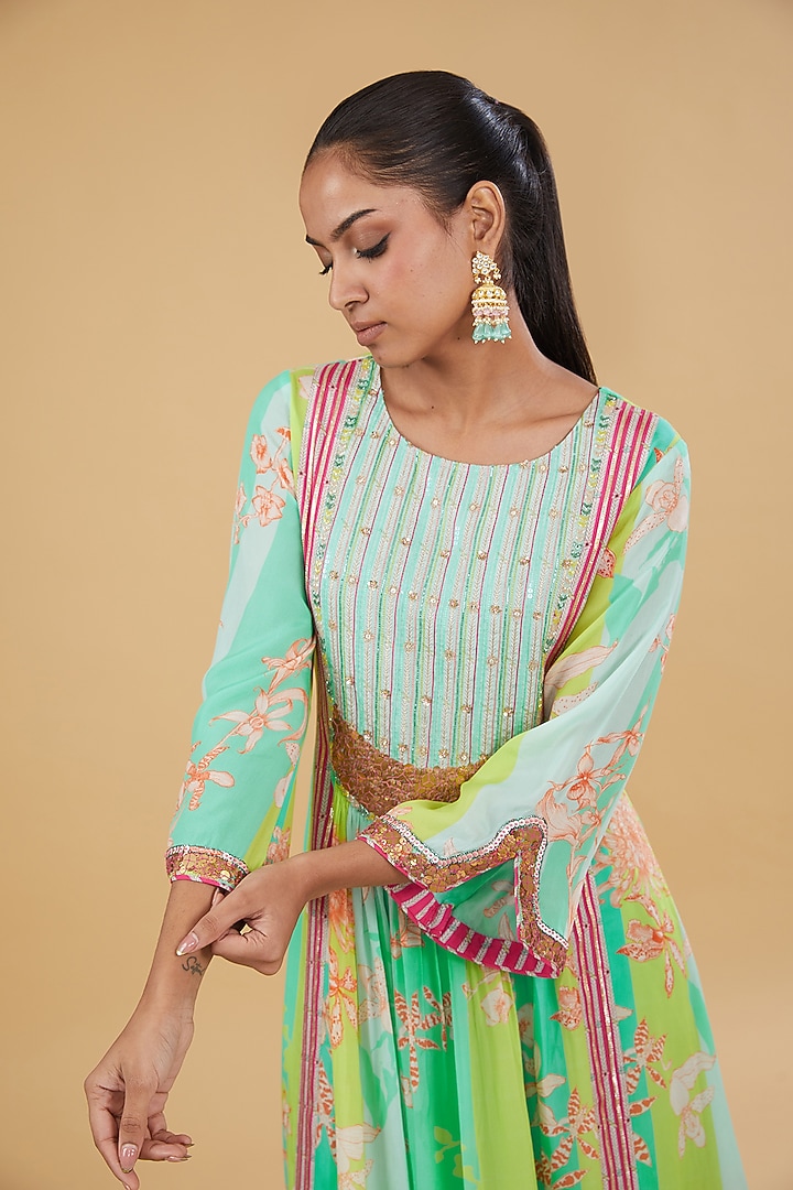Lime & Blue Crepe Hand Embroidered Kurta Set by Raji Ramniq at Pernia's Pop Up Shop