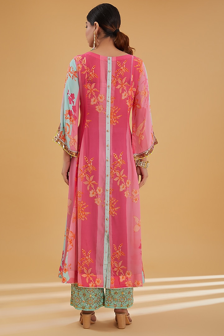 Hot Pink Crepe Printed & Hand Embroidered Kurta Set by Raji Ramniq at Pernia's Pop Up Shop