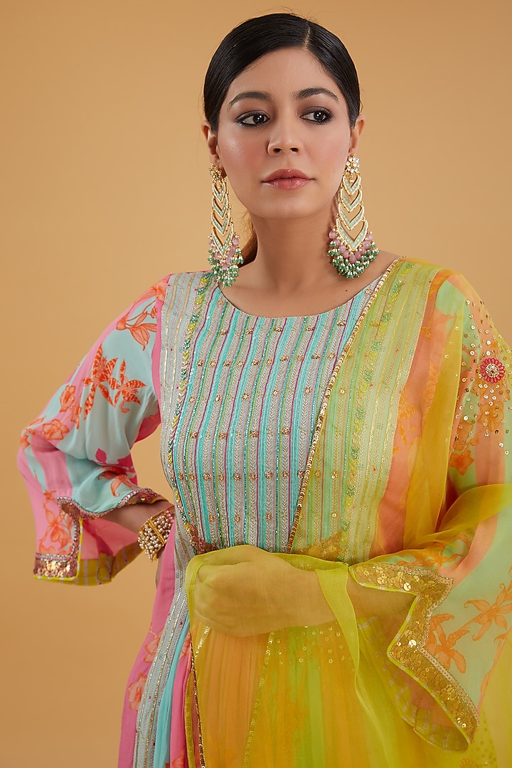 Hot Pink Crepe Printed & Hand Embroidered Kurta Set by Raji Ramniq at Pernia's Pop Up Shop