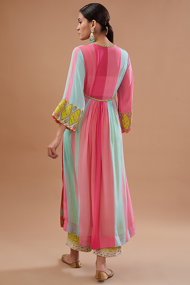Bright Pink & Powder Blue Crepe Hand Embroidered A-Line Kurta Set by Raji ramniq at Pernia's Pop Up Shop