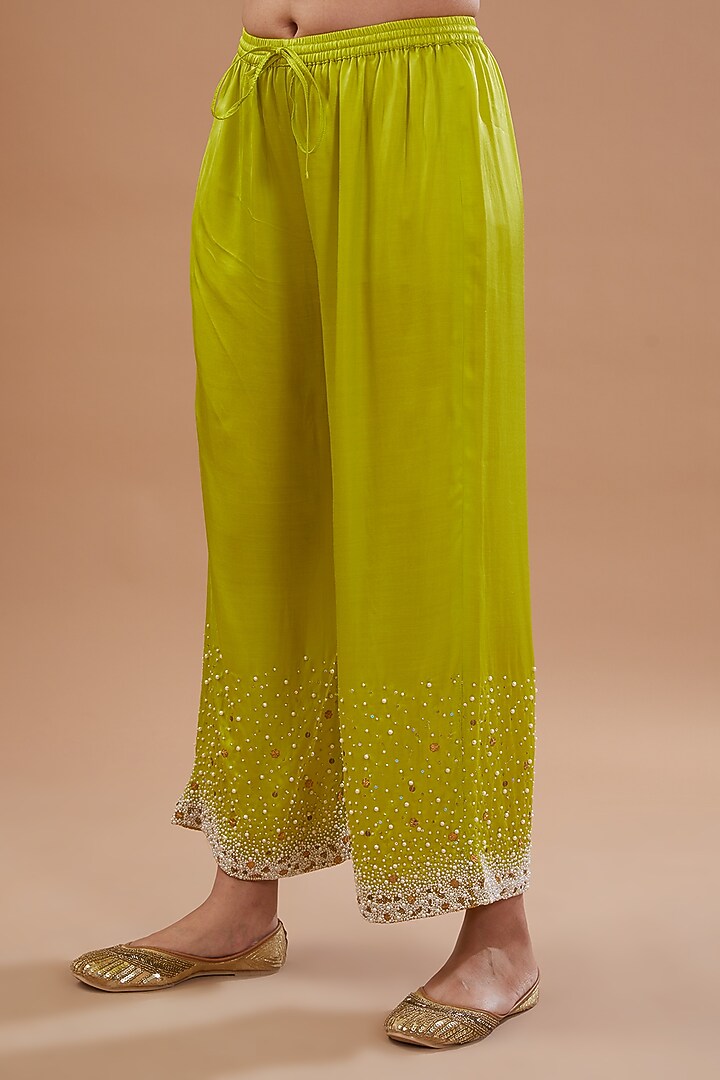 Bright Pink & Powder Blue Crepe Hand Embroidered A-Line Kurta Set by Raji ramniq at Pernia's Pop Up Shop