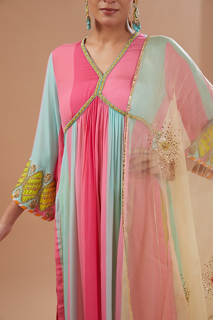 Bright Pink & Powder Blue Crepe Hand Embroidered A-Line Kurta Set by Raji ramniq at Pernia's Pop Up Shop