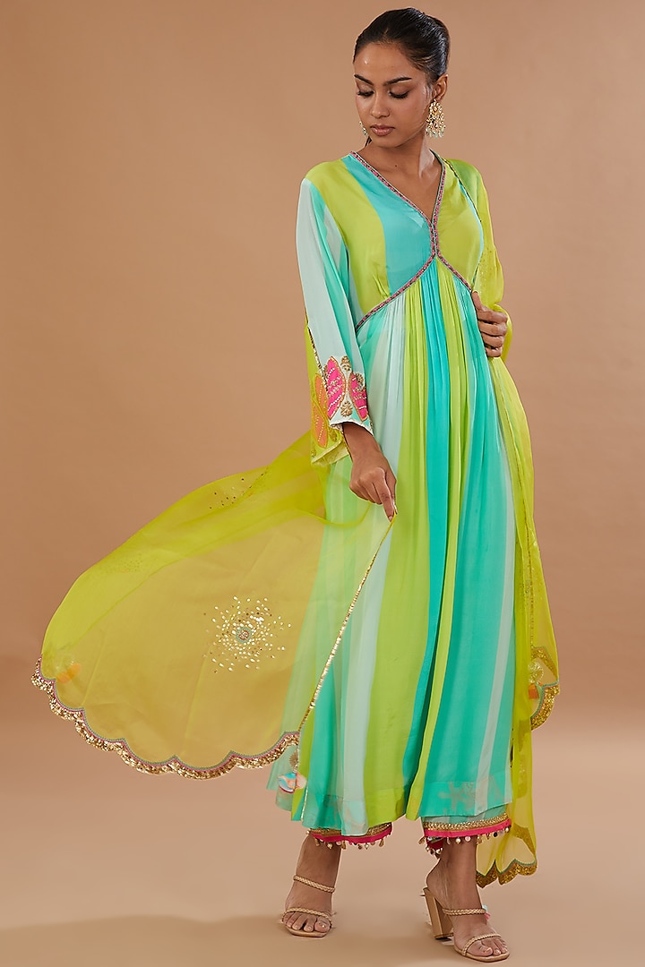 Multi-Colored Crepe Printed & Embroidered Kurta Set by Raji ramniq at Pernia's Pop Up Shop