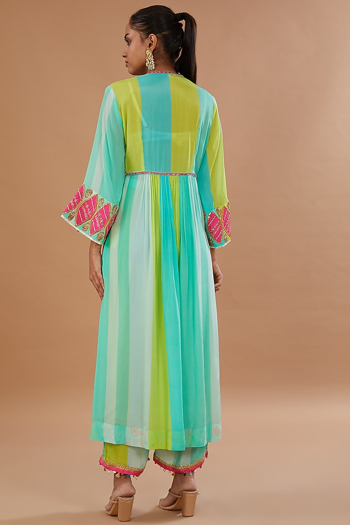 Multi-Colored Crepe Printed & Embroidered Kurta Set by Raji ramniq at Pernia's Pop Up Shop