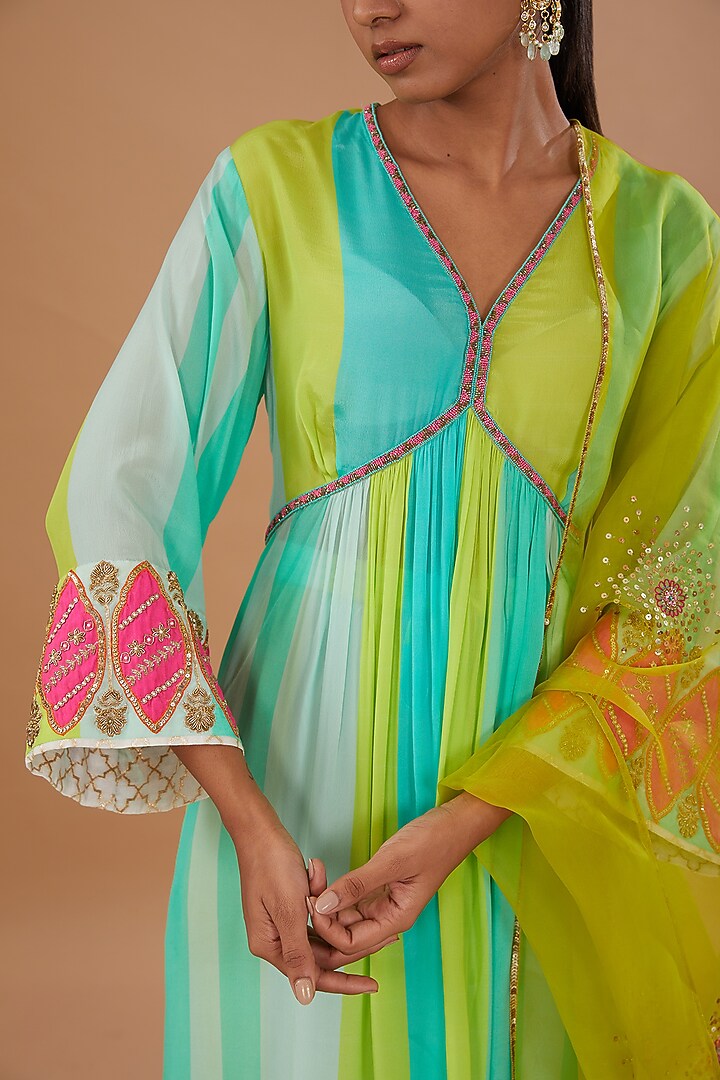 Multi-Colored Crepe Printed & Embroidered Kurta Set by Raji ramniq at Pernia's Pop Up Shop