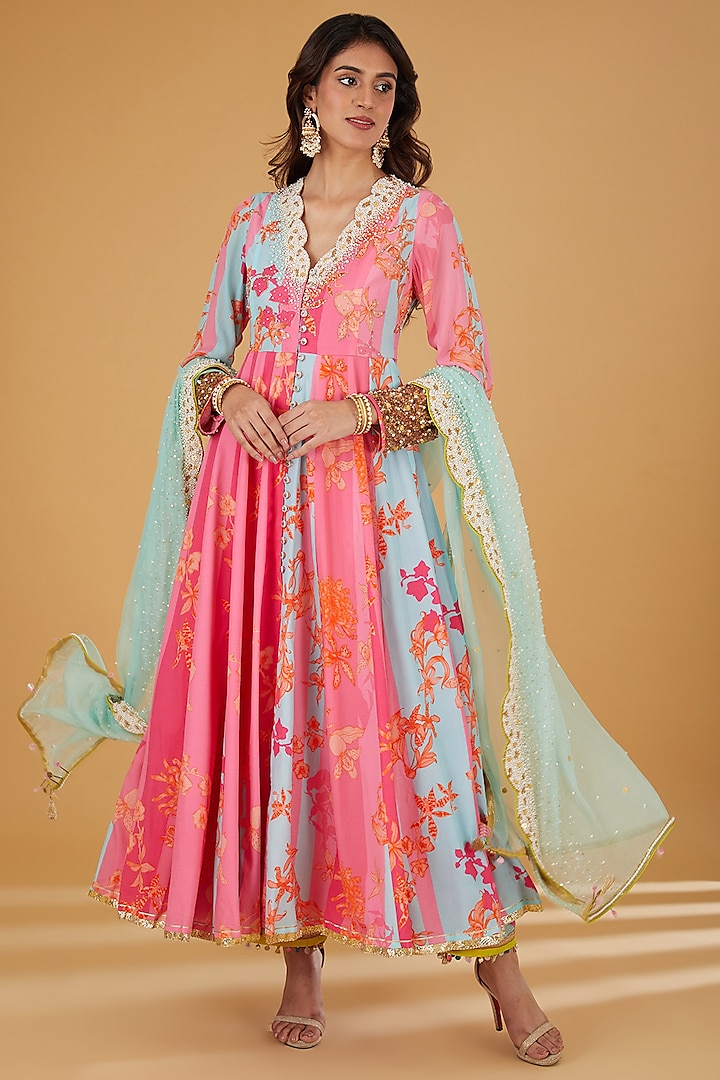 Hot Pink Crepe Hand Embroidered Wedding Anarkali Set by Raji ramniq at Pernia's Pop Up Shop