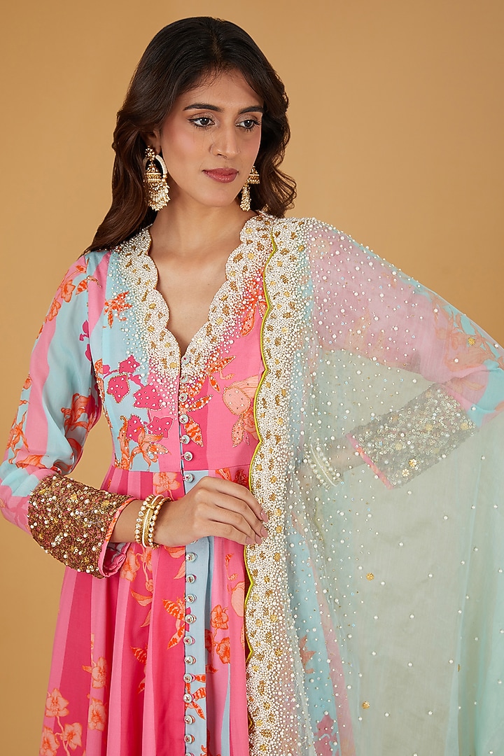 Hot Pink Crepe Hand Embroidered Wedding Anarkali Set by Raji ramniq at Pernia's Pop Up Shop