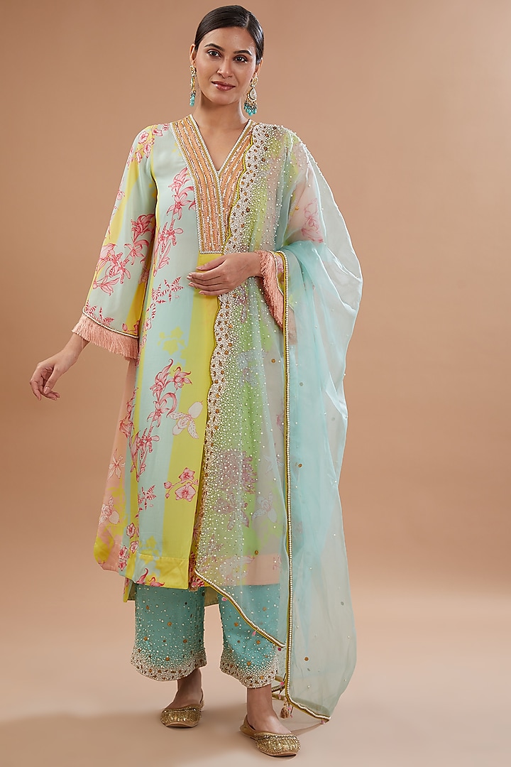 Multi-Colored Crepe Printed & Hand Embroidered Kurta Set by Raji ramniq at Pernia's Pop Up Shop