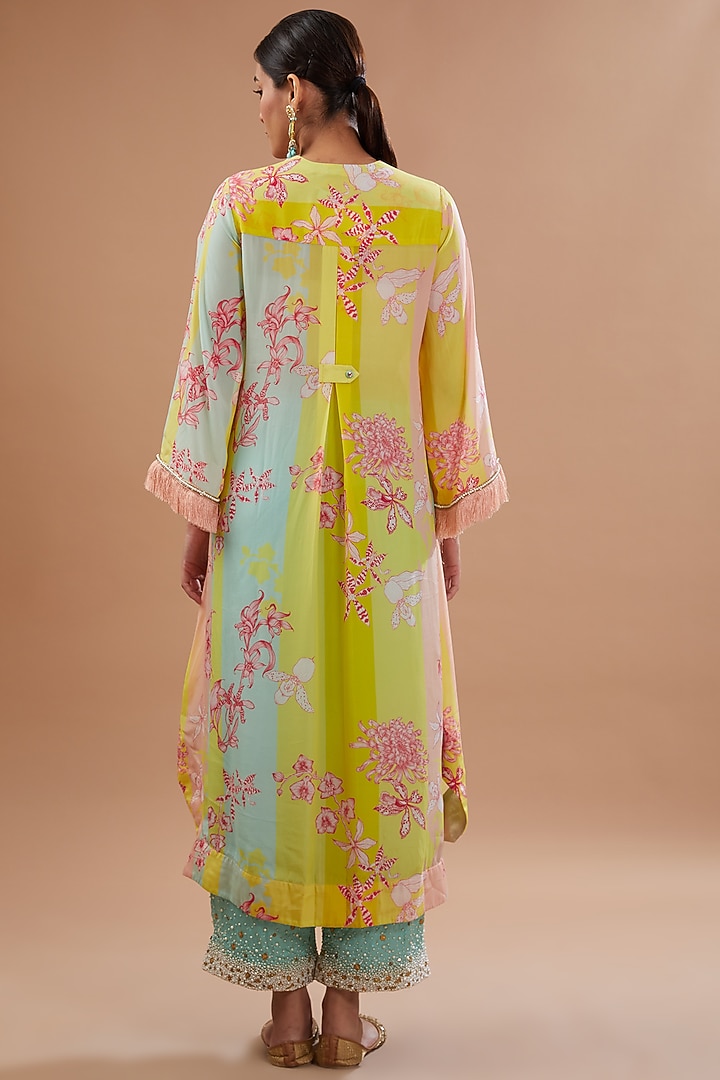 Multi-Colored Crepe Printed & Hand Embroidered Kurta Set by Raji ramniq at Pernia's Pop Up Shop