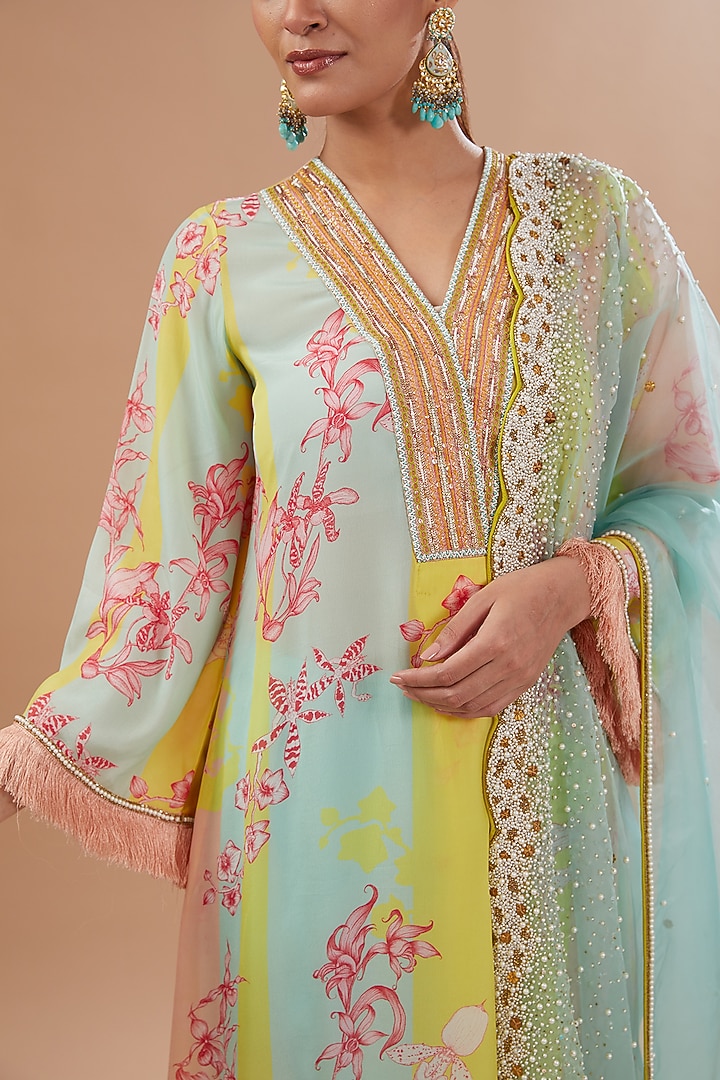 Multi-Colored Crepe Printed & Hand Embroidered Kurta Set by Raji ramniq at Pernia's Pop Up Shop