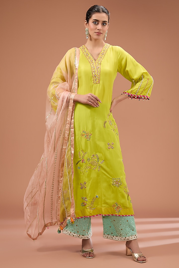 Lime Green Silk Hand Embroidered Kurta Set by Raji Ramniq at Pernia's Pop Up Shop