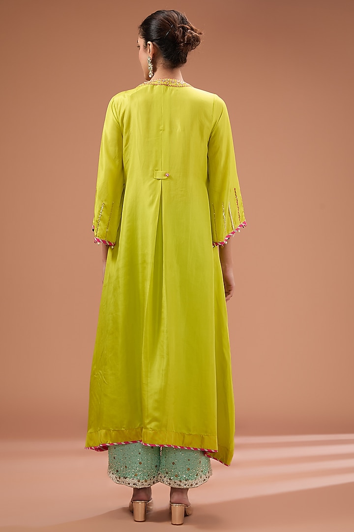 Lime Green Silk Hand Embroidered Kurta Set by Raji Ramniq at Pernia's Pop Up Shop