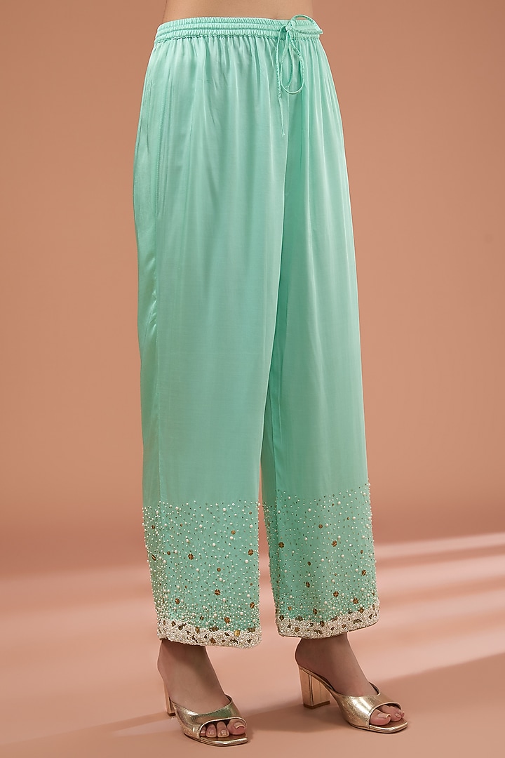 Lime Green Silk Hand Embroidered Kurta Set by Raji Ramniq at Pernia's Pop Up Shop