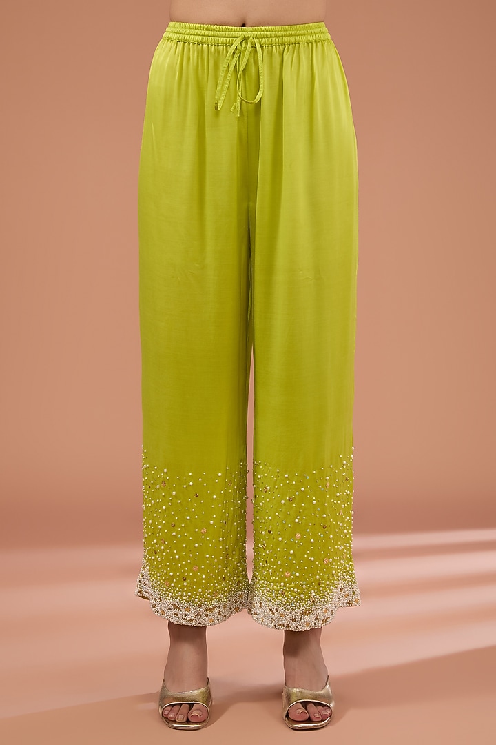 Sea Green Silk Hand Embroidered Kurta Set by Raji Ramniq at Pernia's Pop Up Shop