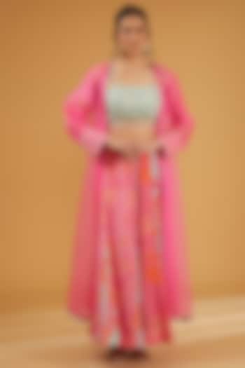Hot Pink Organza Hand Embroidered Jacket Set by Raji Ramniq at Pernia's Pop Up Shop