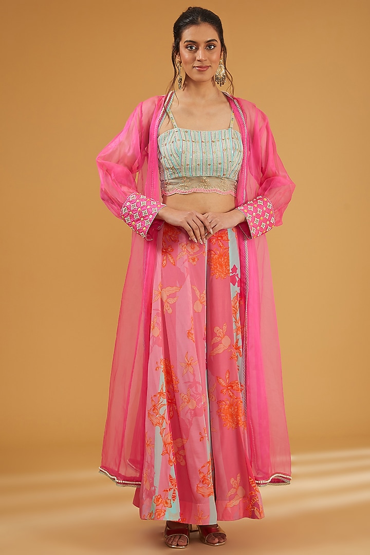 Hot Pink Organza Hand Embroidered Jacket Set by Raji Ramniq at Pernia's Pop Up Shop