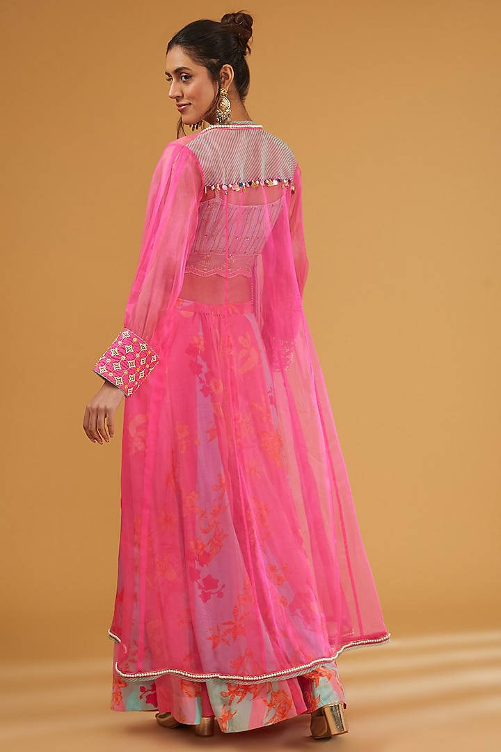 Hot Pink Organza Hand Embroidered Jacket Set by Raji Ramniq at Pernia's Pop Up Shop