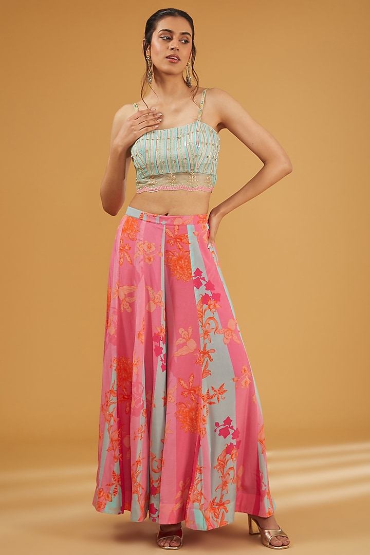 Hot Pink Organza Hand Embroidered Jacket Set by Raji Ramniq at Pernia's Pop Up Shop