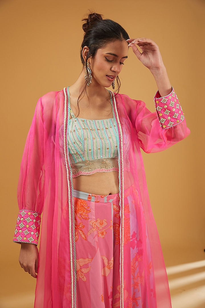 Hot Pink Organza Hand Embroidered Jacket Set by Raji Ramniq at Pernia's Pop Up Shop