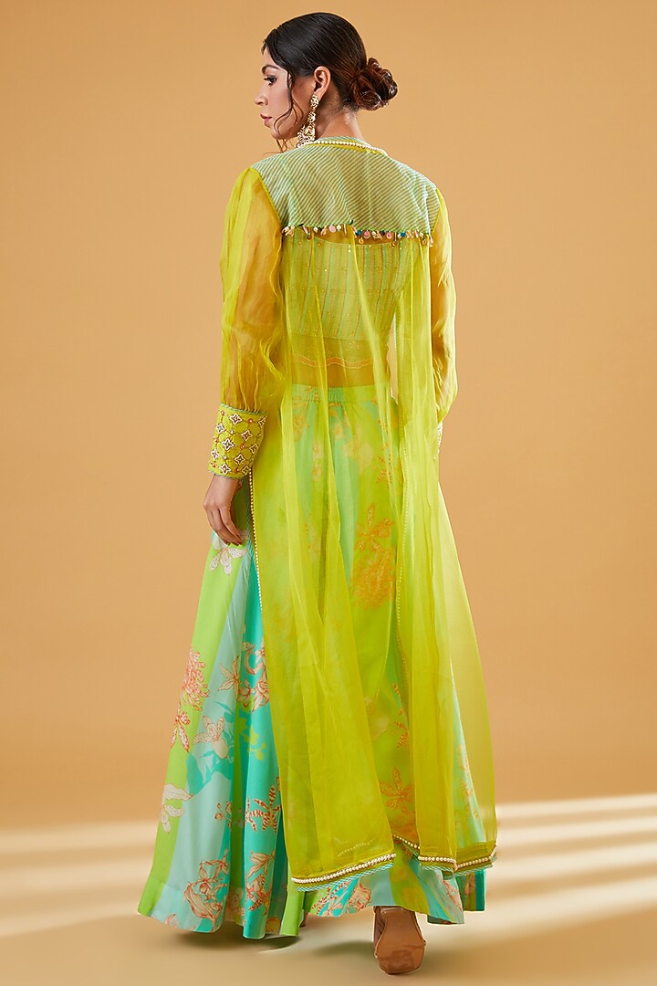 Lime Green Silk Organza Hand Embroidered Jacket Set by Raji Ramniq at Pernia's Pop Up Shop