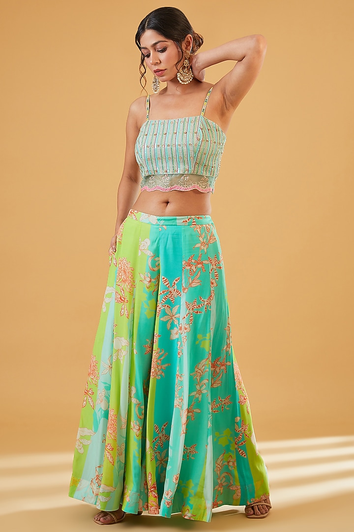 Lime Green Silk Organza Hand Embroidered Jacket Set by Raji Ramniq at Pernia's Pop Up Shop