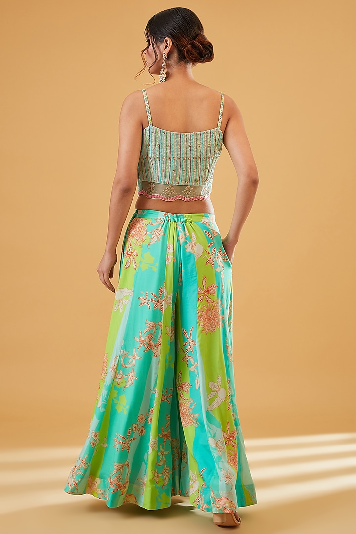 Lime Green Silk Organza Hand Embroidered Jacket Set by Raji Ramniq at Pernia's Pop Up Shop
