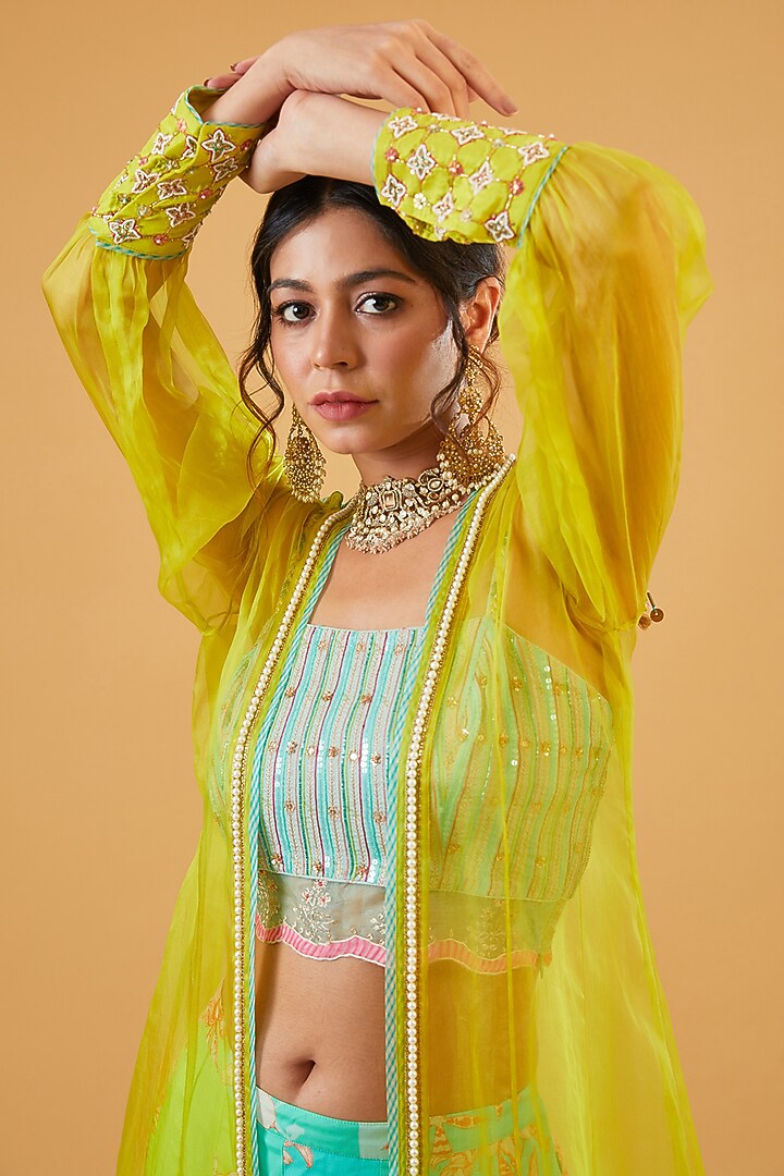 Lime Green Silk Organza Hand Embroidered Jacket Set by Raji Ramniq at Pernia's Pop Up Shop