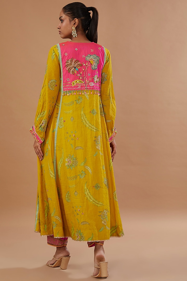 Lime Yellow Chanderi Tissue Printed & Embroidered Kurta Set by Raji ramniq at Pernia's Pop Up Shop
