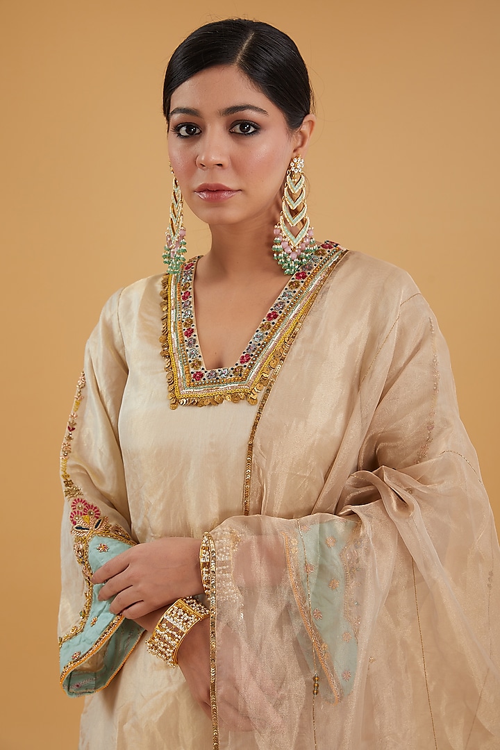 Ivory Golden Tissue Embroidered Wedding Sharara Set by Raji Ramniq at Pernia's Pop Up Shop