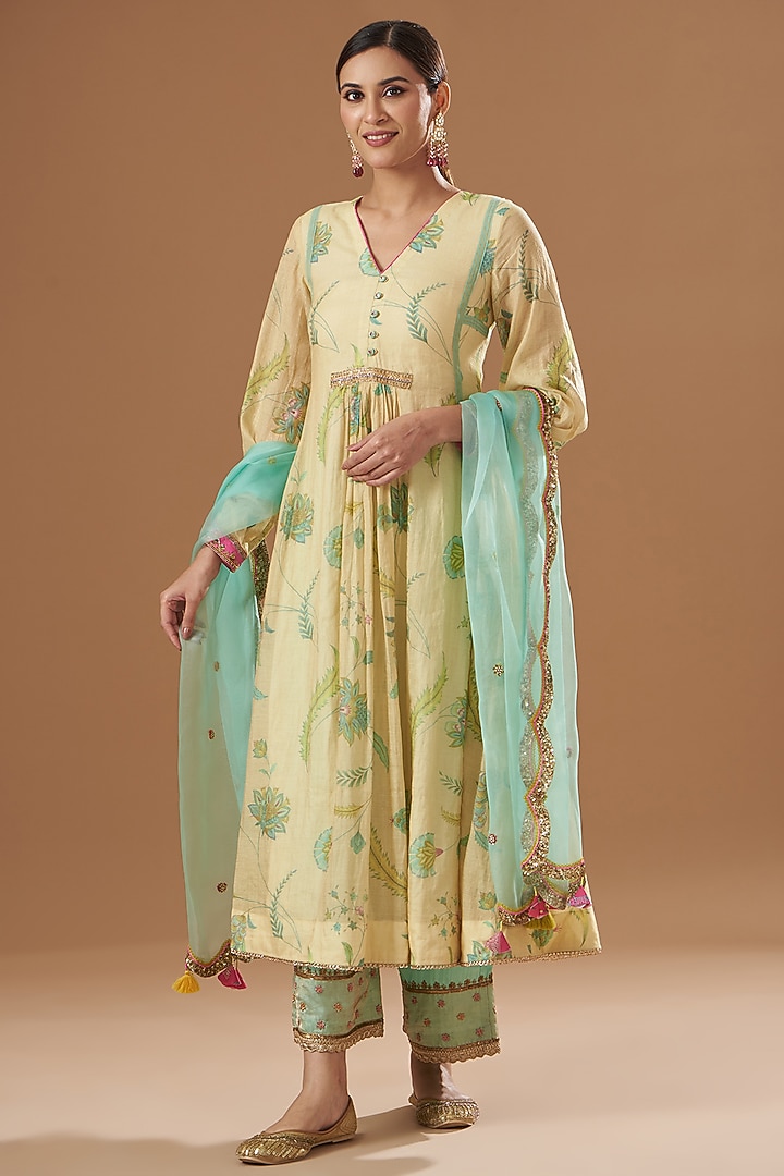 Ivory Chanderi Tissue Embroidered & Printed Kurta Set by Raji ramniq at Pernia's Pop Up Shop