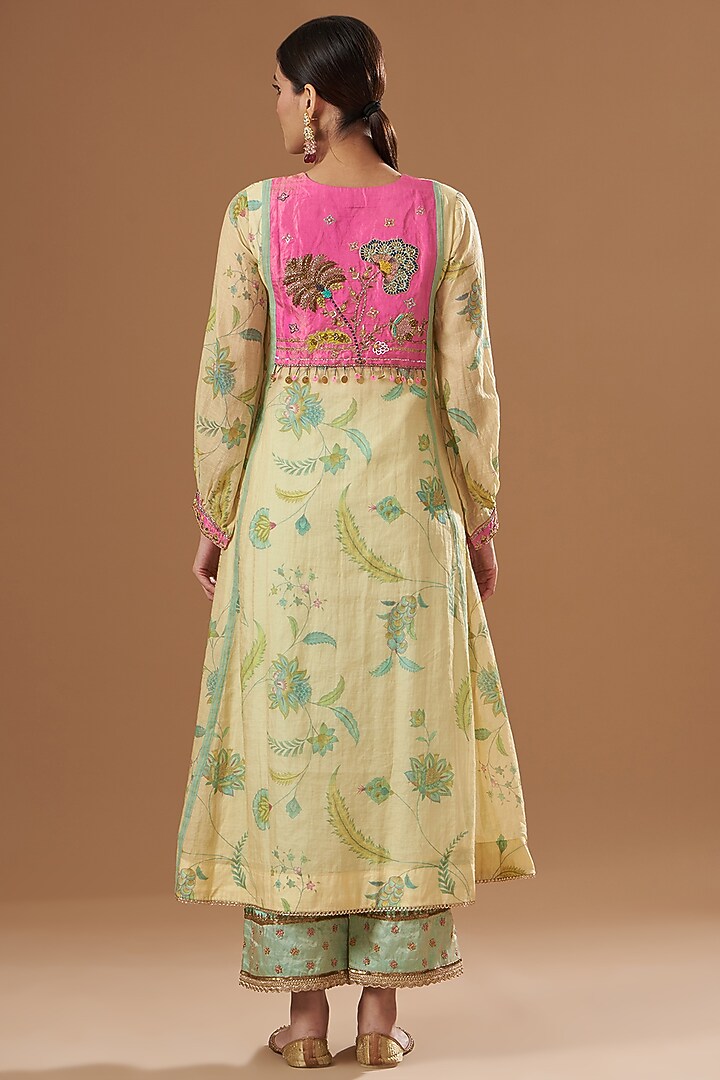 Ivory Chanderi Tissue Embroidered & Printed Kurta Set by Raji ramniq at Pernia's Pop Up Shop
