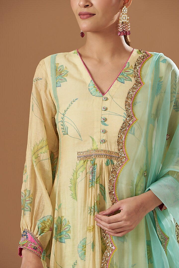 Ivory Chanderi Tissue Embroidered & Printed Kurta Set by Raji ramniq at Pernia's Pop Up Shop
