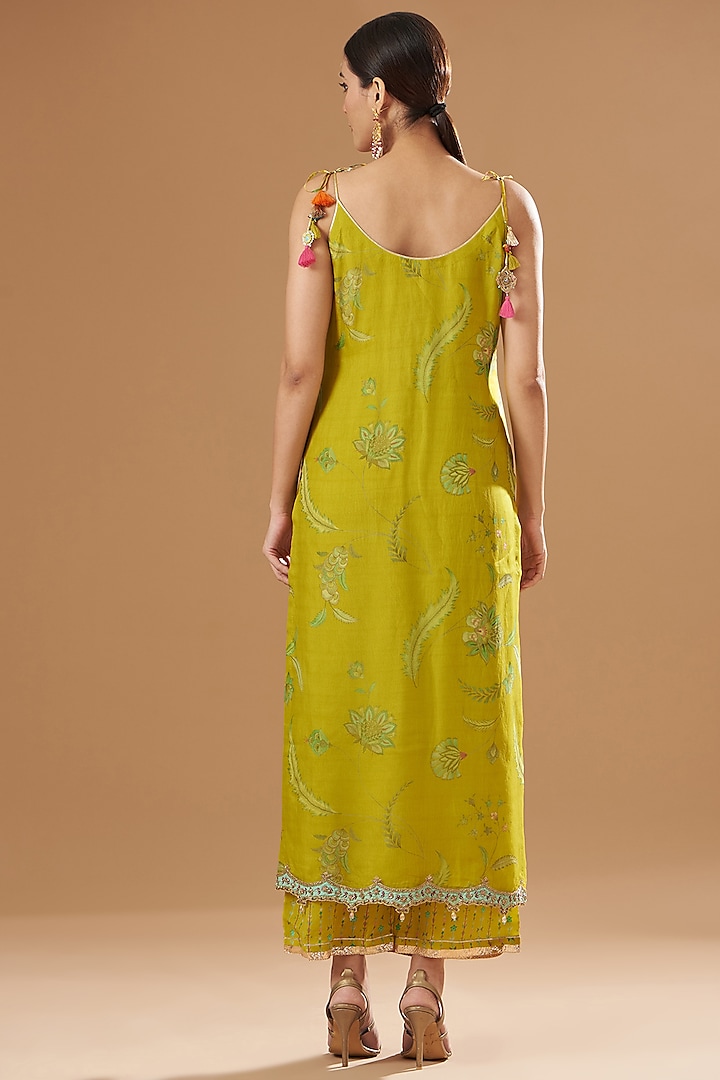 Lime Yellow Organza Embroidered & Printed Kurta Set by Raji ramniq at Pernia's Pop Up Shop