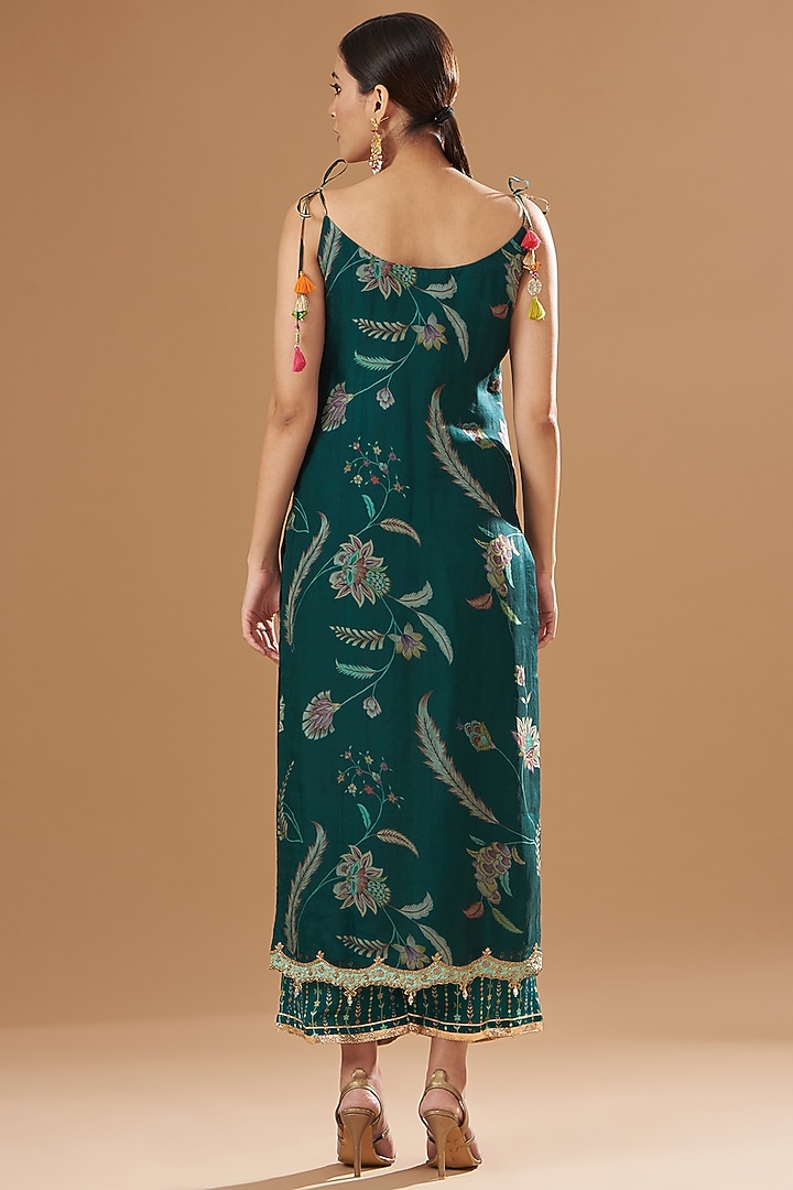 Teal Organza Embroidered & Printed Kurta Set by Raji ramniq at Pernia's Pop Up Shop
