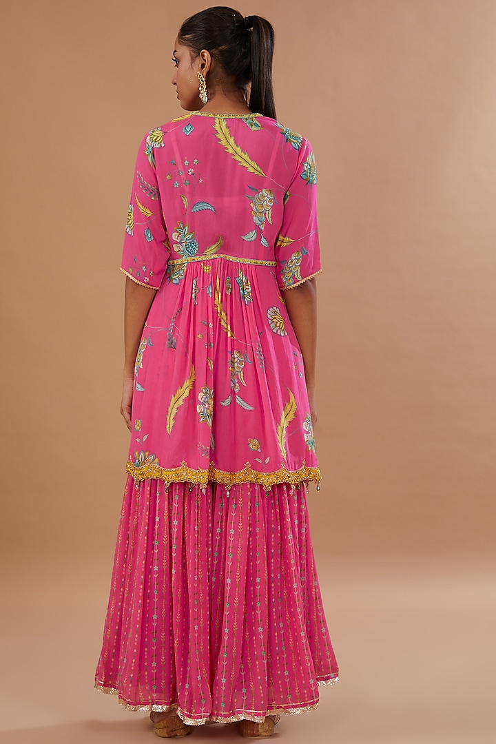 Bright Pink Crepe Printed Gharara Set by Raji ramniq at Pernia's Pop Up Shop