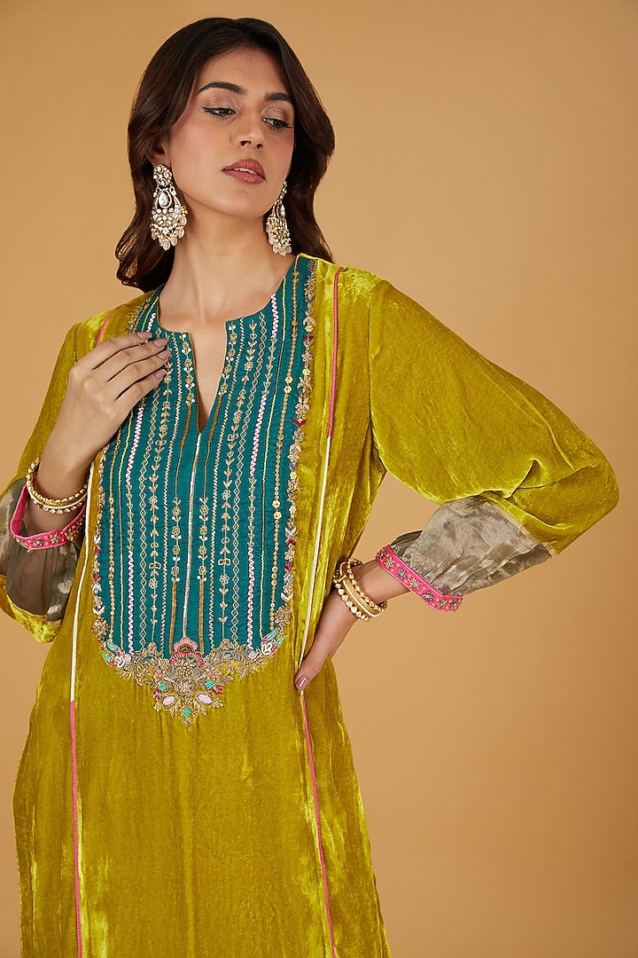 Lime Yellow Silk Velvet Hand Embroidered Kurta Set by Raji ramniq at Pernia's Pop Up Shop