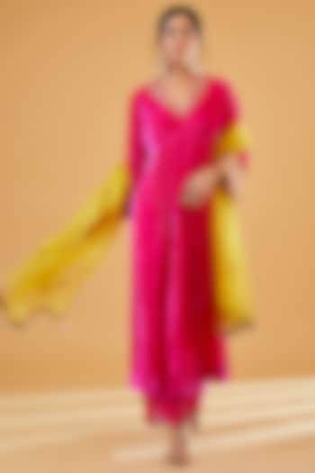 Hot Pink Silk Velvet Hand Embroidered Kurta Set by Raji Ramniq at Pernia's Pop Up Shop
