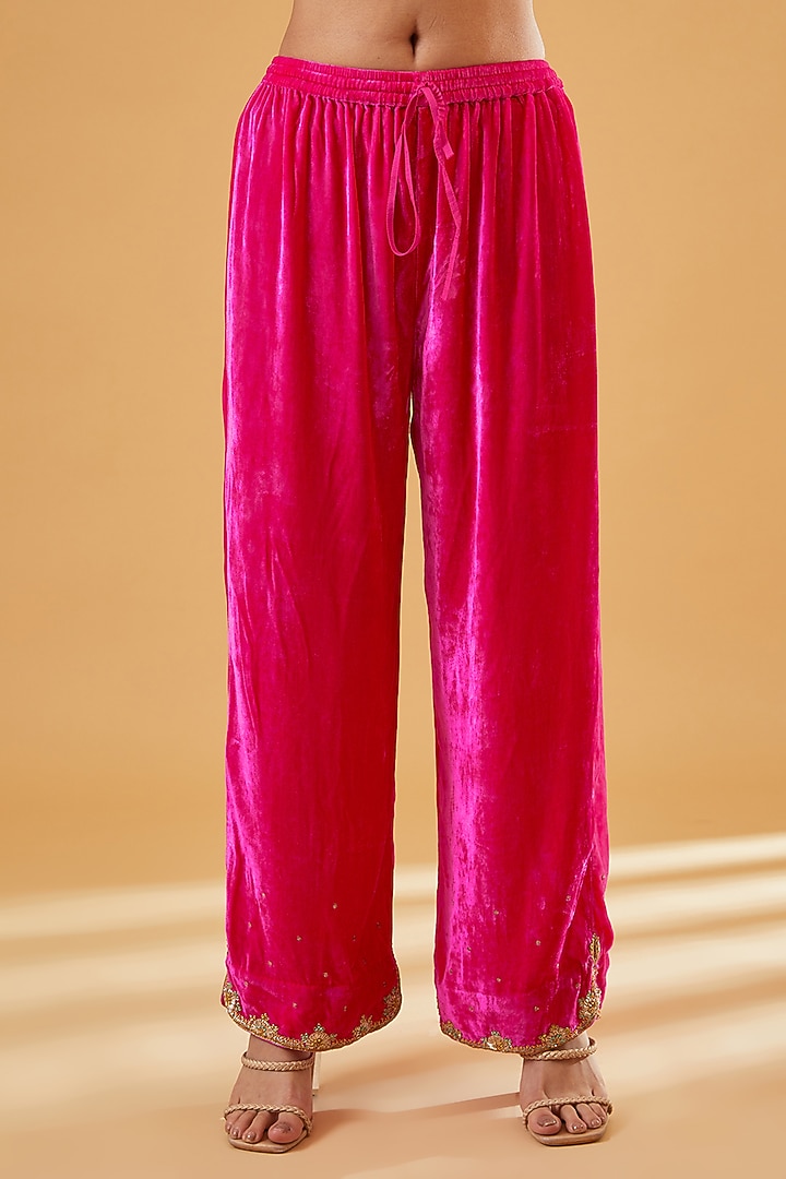 Hot Pink Silk Velvet Hand Embroidered Kurta Set by Raji Ramniq at Pernia's Pop Up Shop