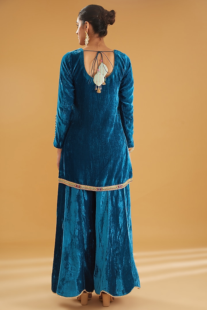 Blue Silk Velvet Wedding Sharara Set by Raji ramniq at Pernia's Pop Up Shop