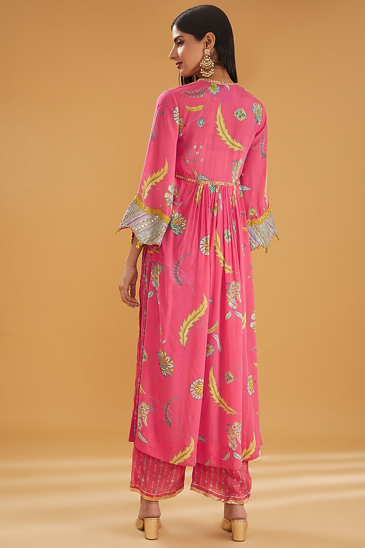 Hot Pink Crepe Printed & Embroidered Kurta Set by Raji ramniq at Pernia's Pop Up Shop