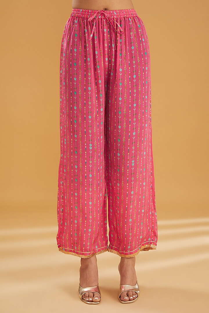Hot Pink Crepe Printed & Embroidered Kurta Set by Raji ramniq at Pernia's Pop Up Shop