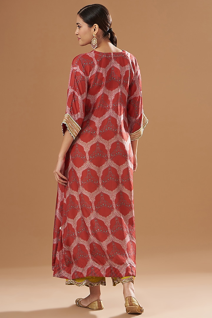 Red Silk Embroidered & Printed Kaftan Set by Raji ramniq at Pernia's Pop Up Shop